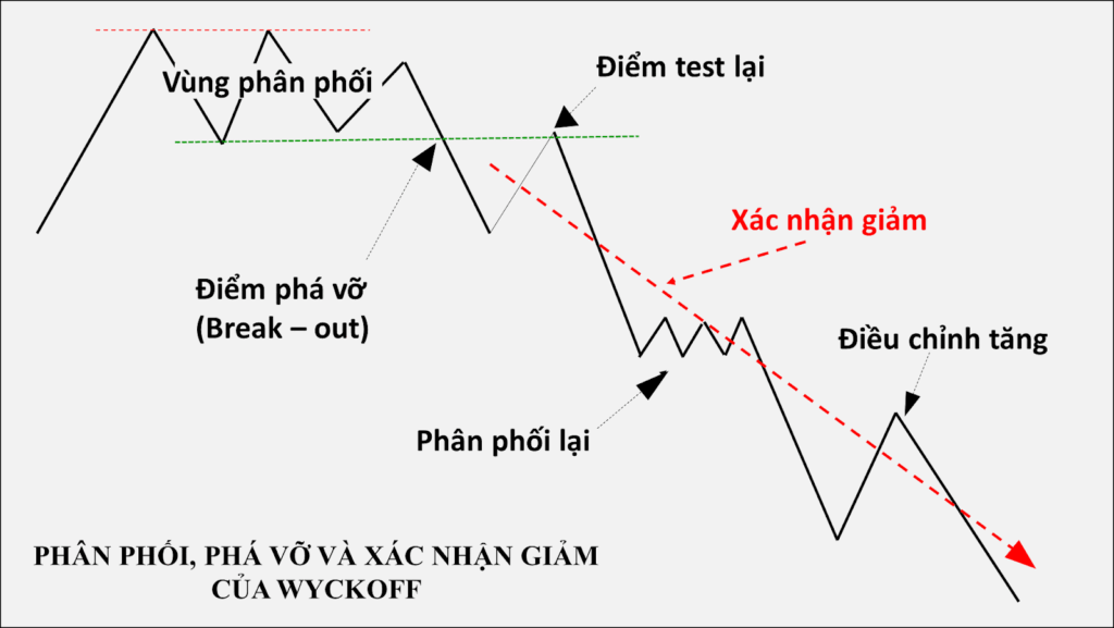 Sơ đồ 4 giai đoạn chu kỳ thị trường theo phương pháp Wyckoff: Tích lũy, Tăng giá, Phân phối và Giảm giá